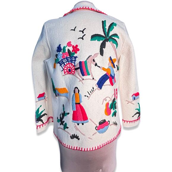 Vintage Hand Embroidered Folk Art Wool Tourist Jacket Mexican Scene Colorful - Picture 2 of 16